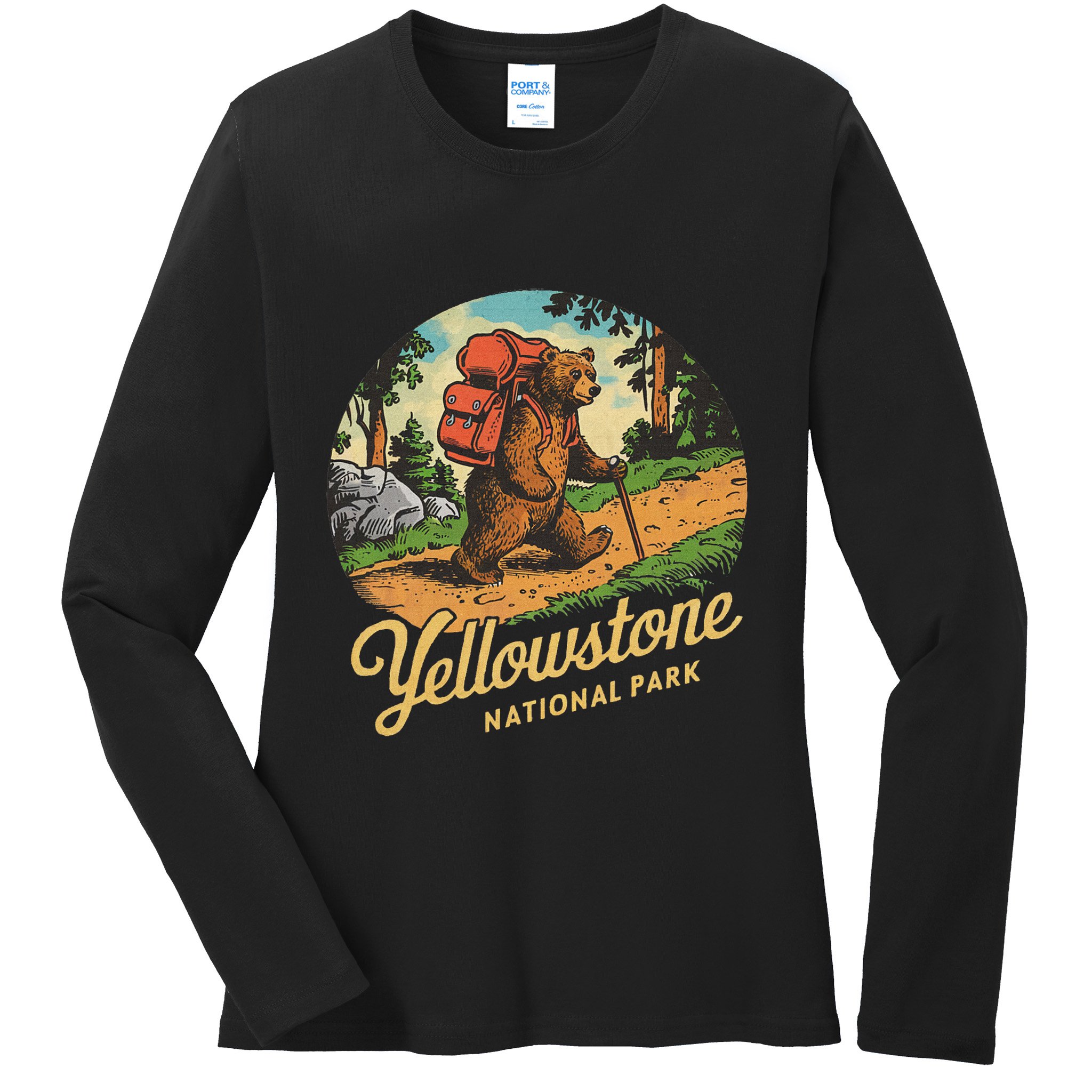 Yellowstone National Park Hiking Bear Vintage Outdoo Hike Ladies Long Sleeve Shirt