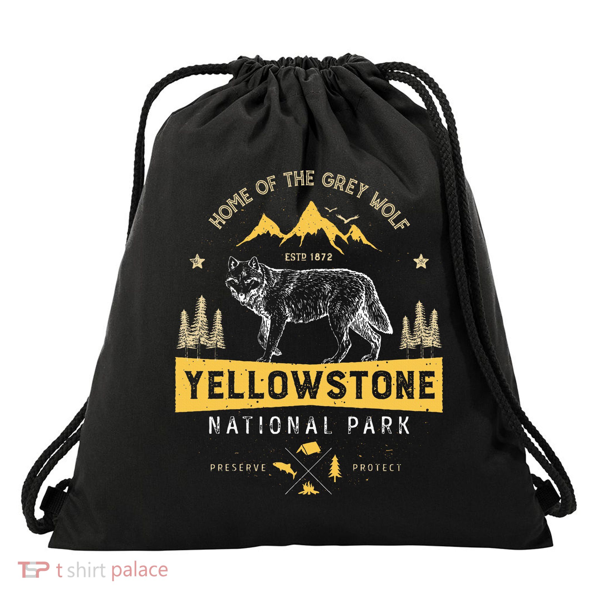 Yellowstone National Park Us Wolf Vintage Drawstring Bag