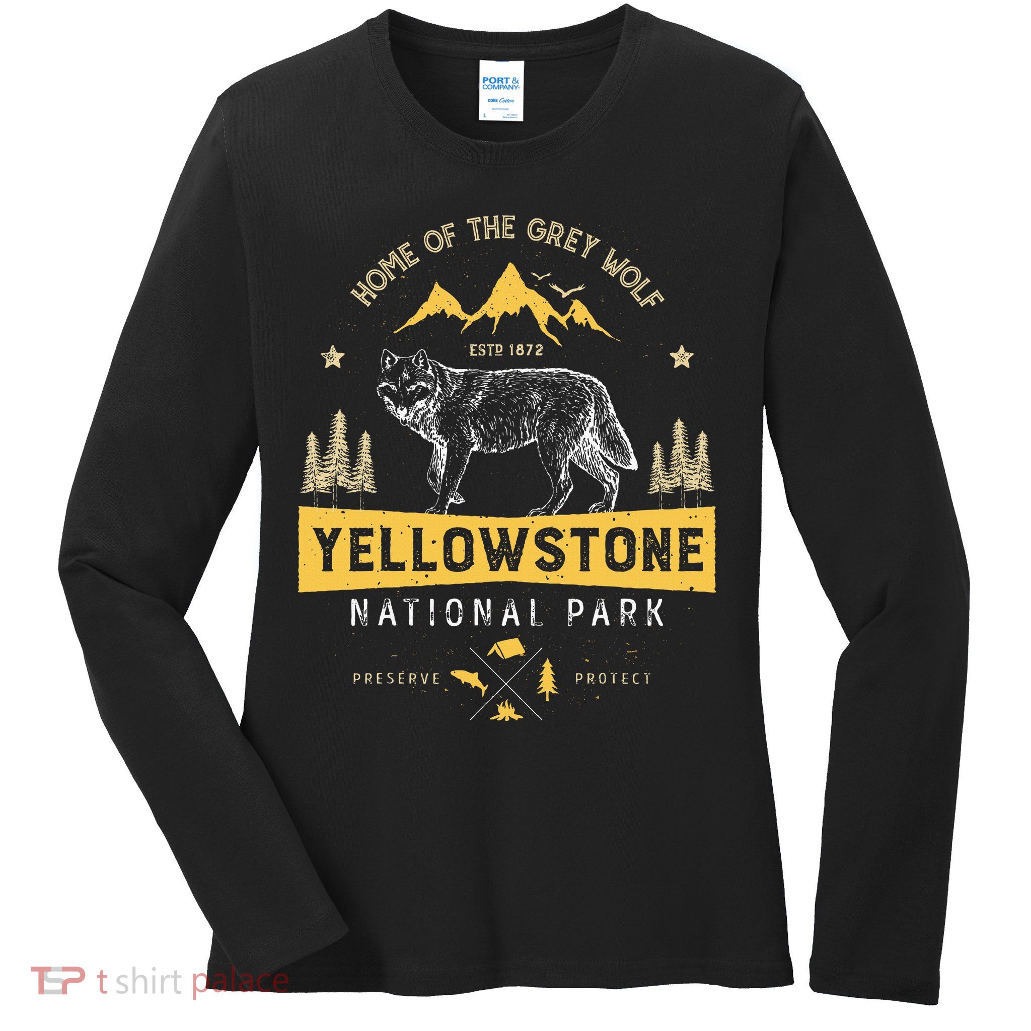 Yellowstone National Park Us Wolf Vintage Ladies Long Sleeve Shirt