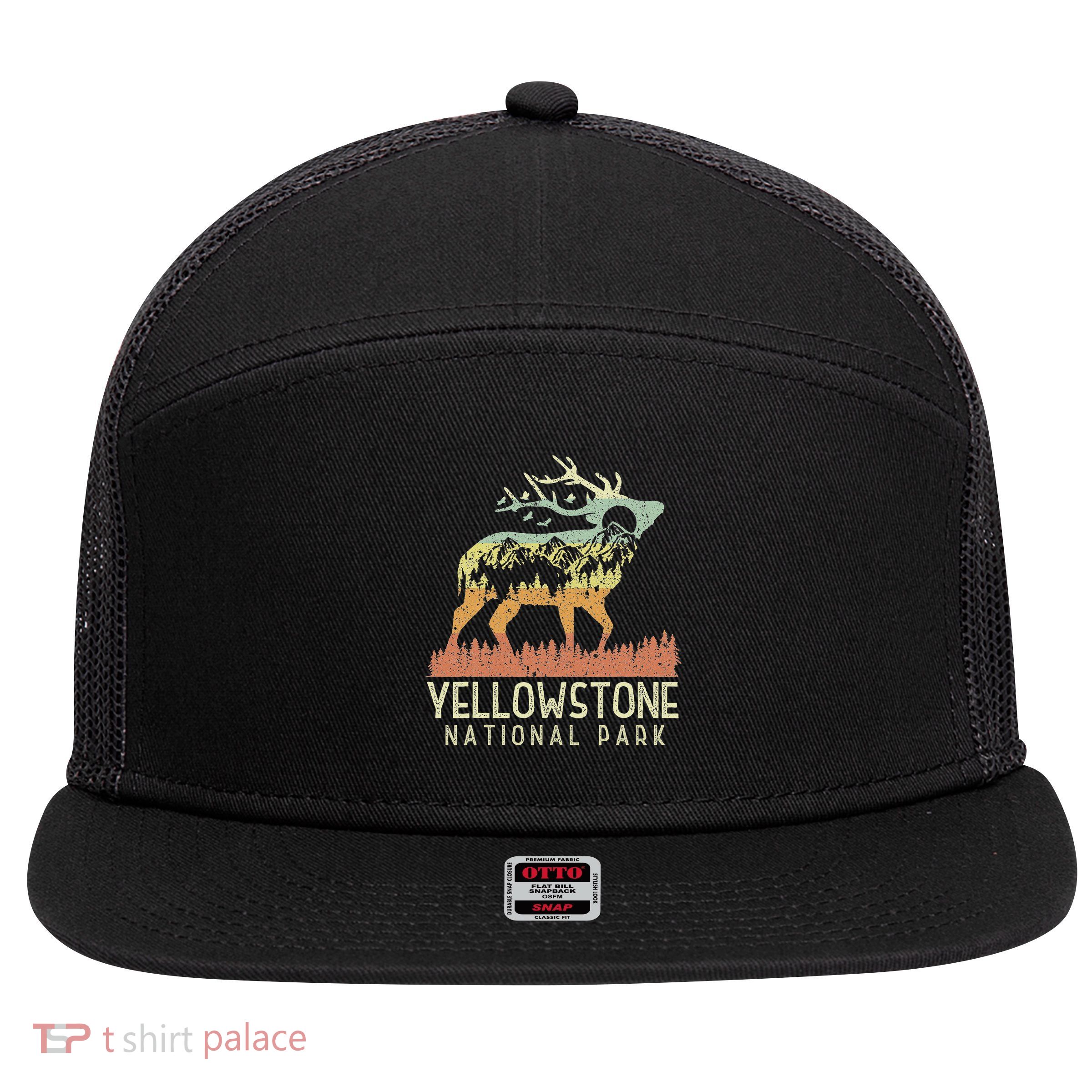 Yellowstone National Park Retro Vintage Mountain Elk Gift 7 Panel Mesh Trucker Snapback Hat