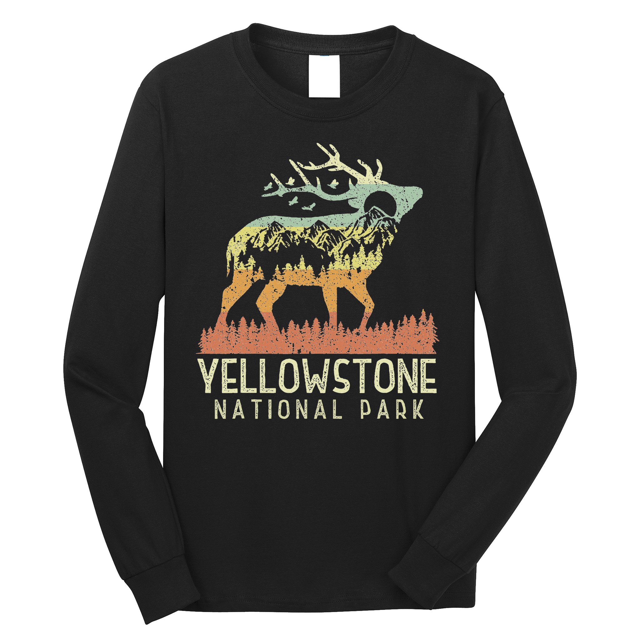 Yellowstone National Park Retro Vintage Mountain Elk Gift Long Sleeve Shirt