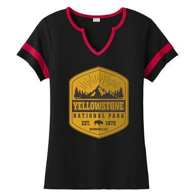 Yellowstone National Park Est 1872 Wyoming USA Gold Emblem Ladies Halftime Notch Neck Tee