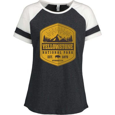 Yellowstone National Park Est 1872 Wyoming USA Gold Emblem Enza Ladies Jersey Colorblock Tee