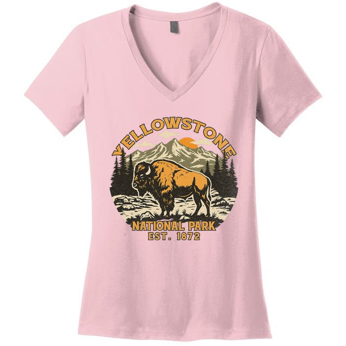 Yellowstone National Park Bison Buffalo Fluffy Cow Women's V-Neck T-Shirt