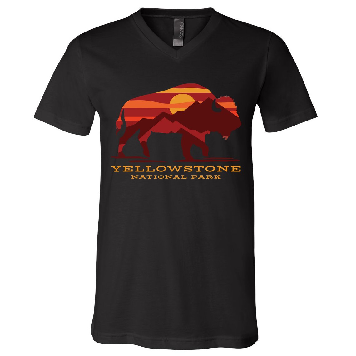 Yellowstone National Park Wyoming Buffalo Bison Sunset V-Neck T-Shirt