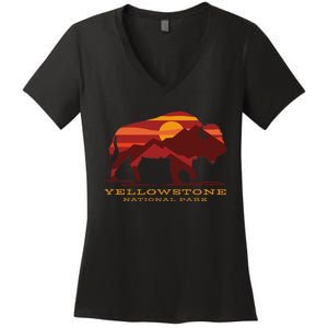 Yellowstone National Park Wyoming Buffalo Bison Sunset Women's V-Neck T-Shirt