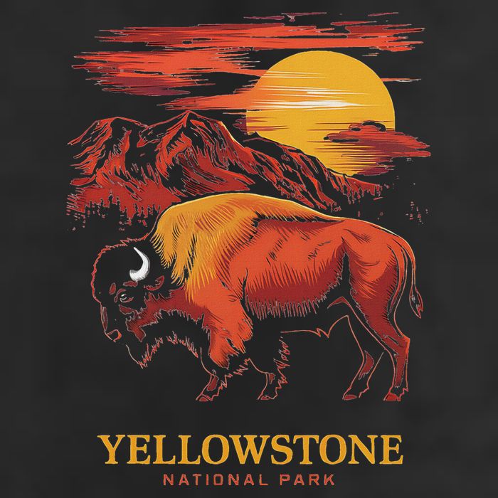 Yellowstone National Park Sun Bison Graphic 7 Panel Mesh Trucker Snapback Hat