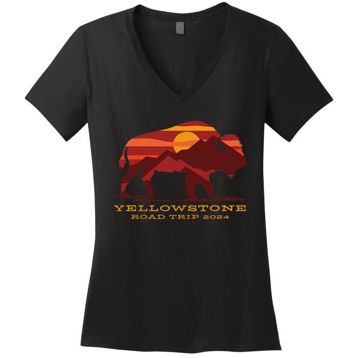 Yellowstone National Park Family Road Trip 2024 Matching Women's V-Neck T-Shirt