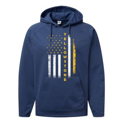 Yellowstone National Park Vintage American Flag Performance Fleece Hoodie