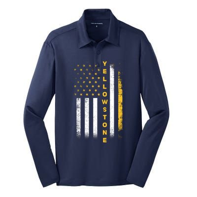 Yellowstone National Park Vintage American Flag Silk Touch Performance Long Sleeve Polo