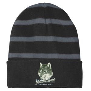 Yellowstone National Park Wolf Logo Striped Beanie with Solid Band