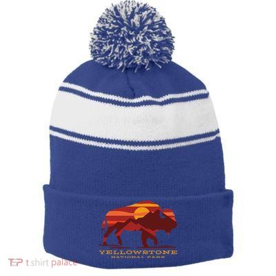 Yellowstone National Park Wyoming Buffalo Bison Sunset Stripe Pom Pom Beanie
