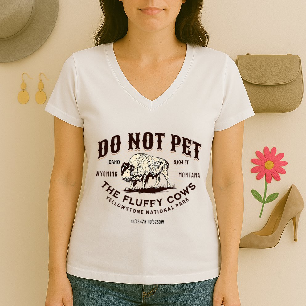 Yellowstone National Park Do Not Pet The Fluffy Cows Bison Women's V-Neck T-Shirt