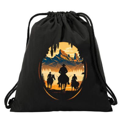 Yellowstone National Park Cowboys On Horses Drawstring Bag
