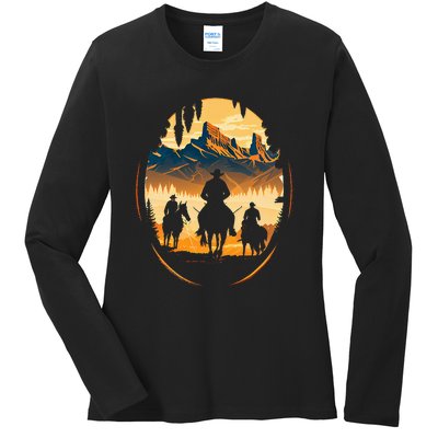 Yellowstone National Park Cowboys On Horses Ladies Long Sleeve Shirt