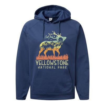 Yellowstone National Park Retro Vintage Mountain Elk Gift Performance Fleece Hoodie