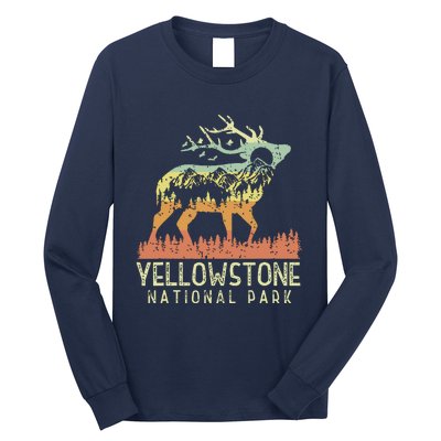 Yellowstone National Park Retro Vintage Mountain Elk Gift Long Sleeve Shirt