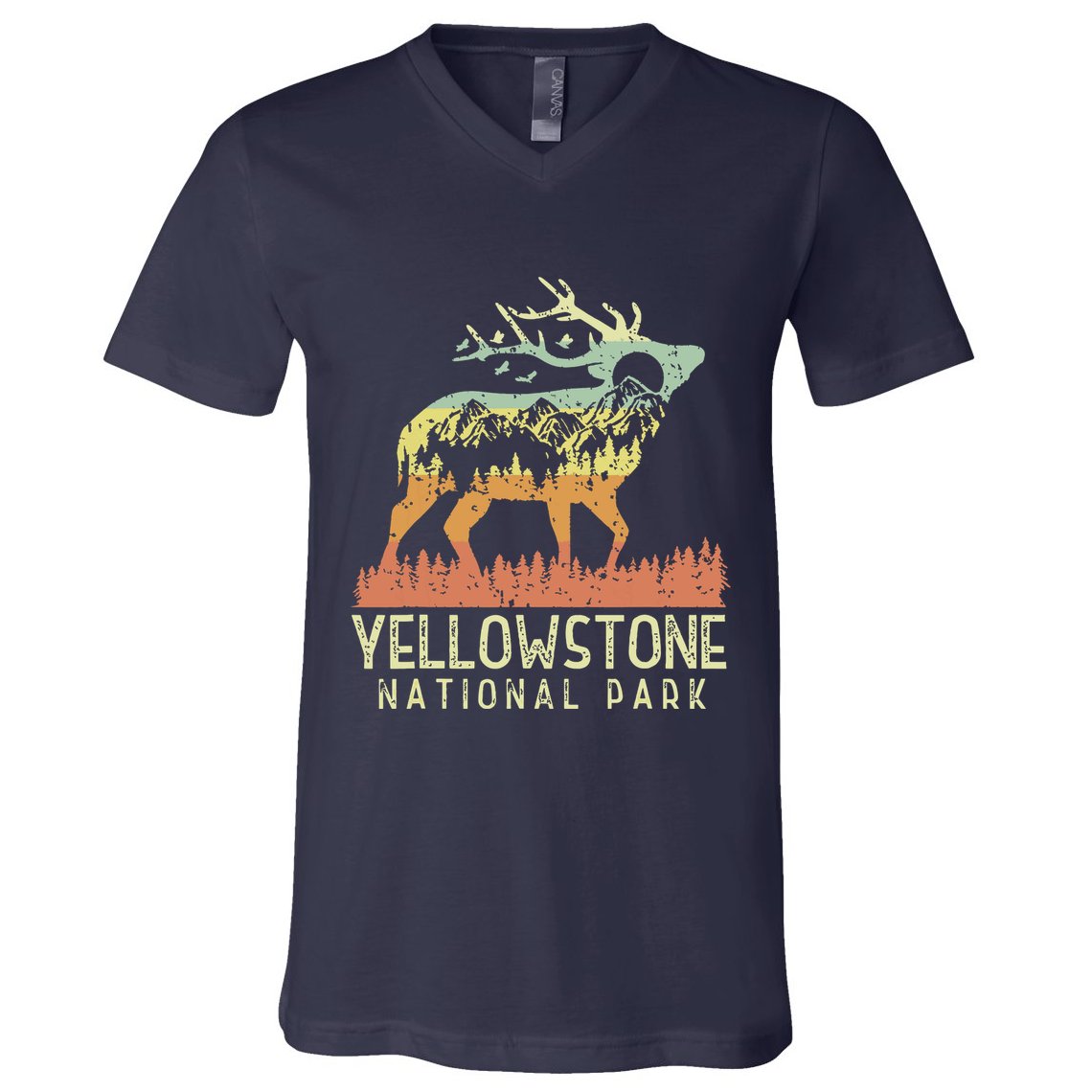 Yellowstone National Park Retro Vintage Mountain Elk Gift V-Neck T-Shirt