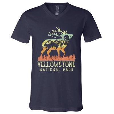 Yellowstone National Park Retro Vintage Mountain Elk Gift V-Neck T-Shirt