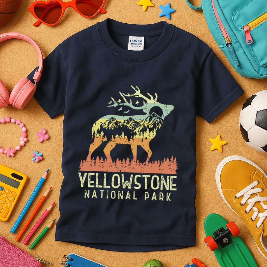 Yellowstone National Park Retro Vintage Mountain Elk Gift Kids T-Shirt