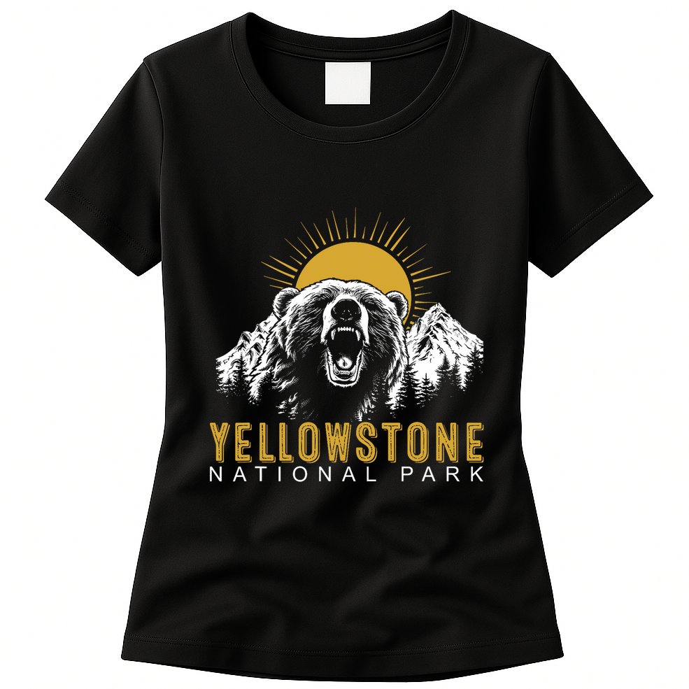 Yellowstone National Park Vintage Wild Bear Sunset Womens T-Shirt