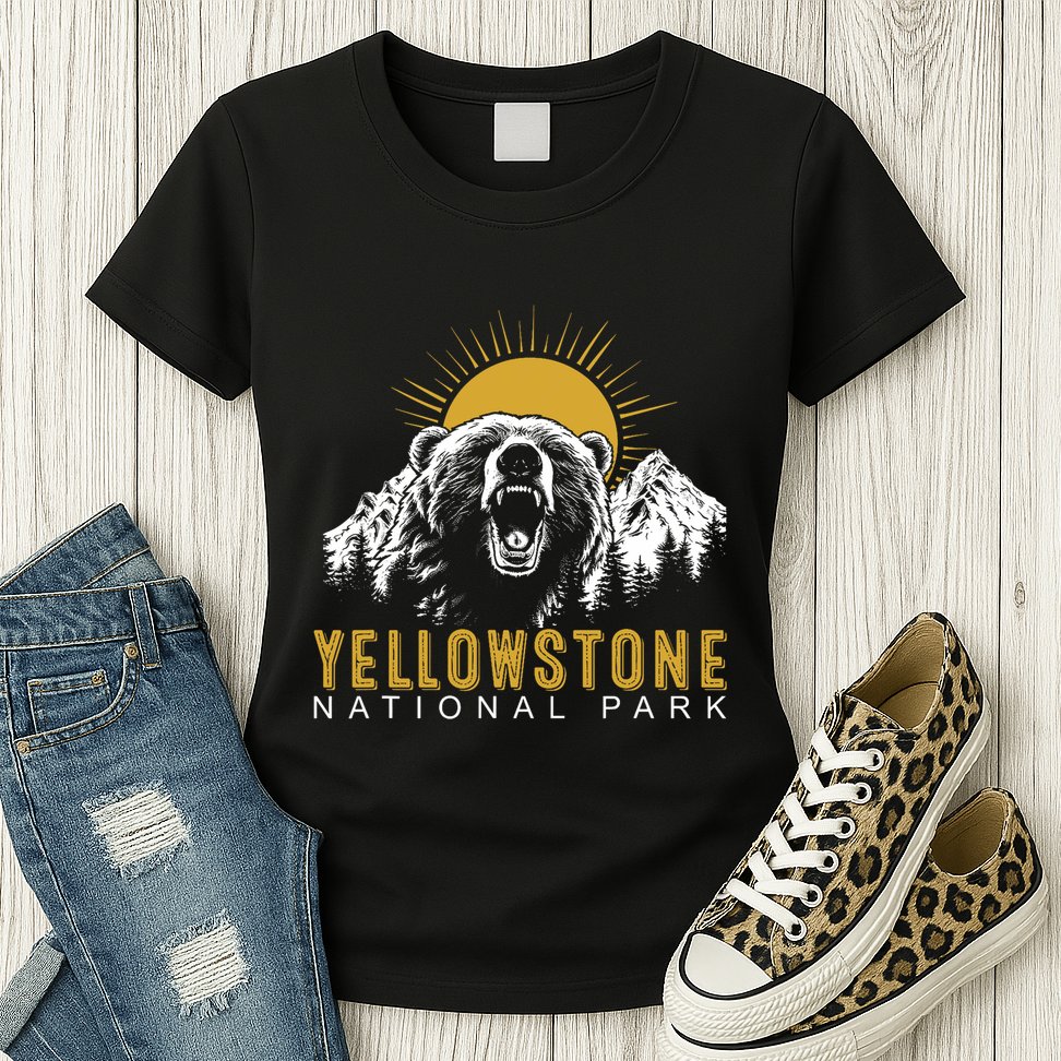 Yellowstone National Park Vintage Wild Bear Sunset Womens T-Shirt