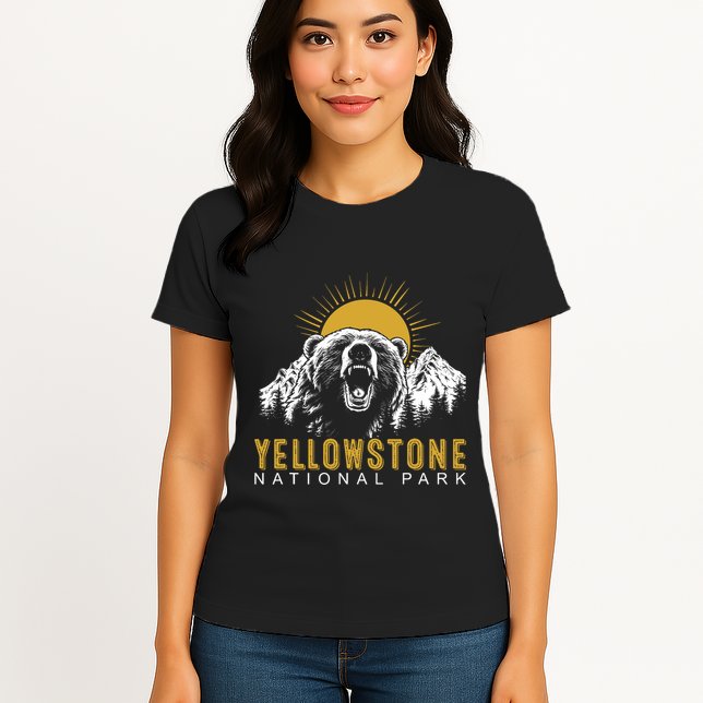 Yellowstone National Park Vintage Wild Bear Sunset Womens T-Shirt