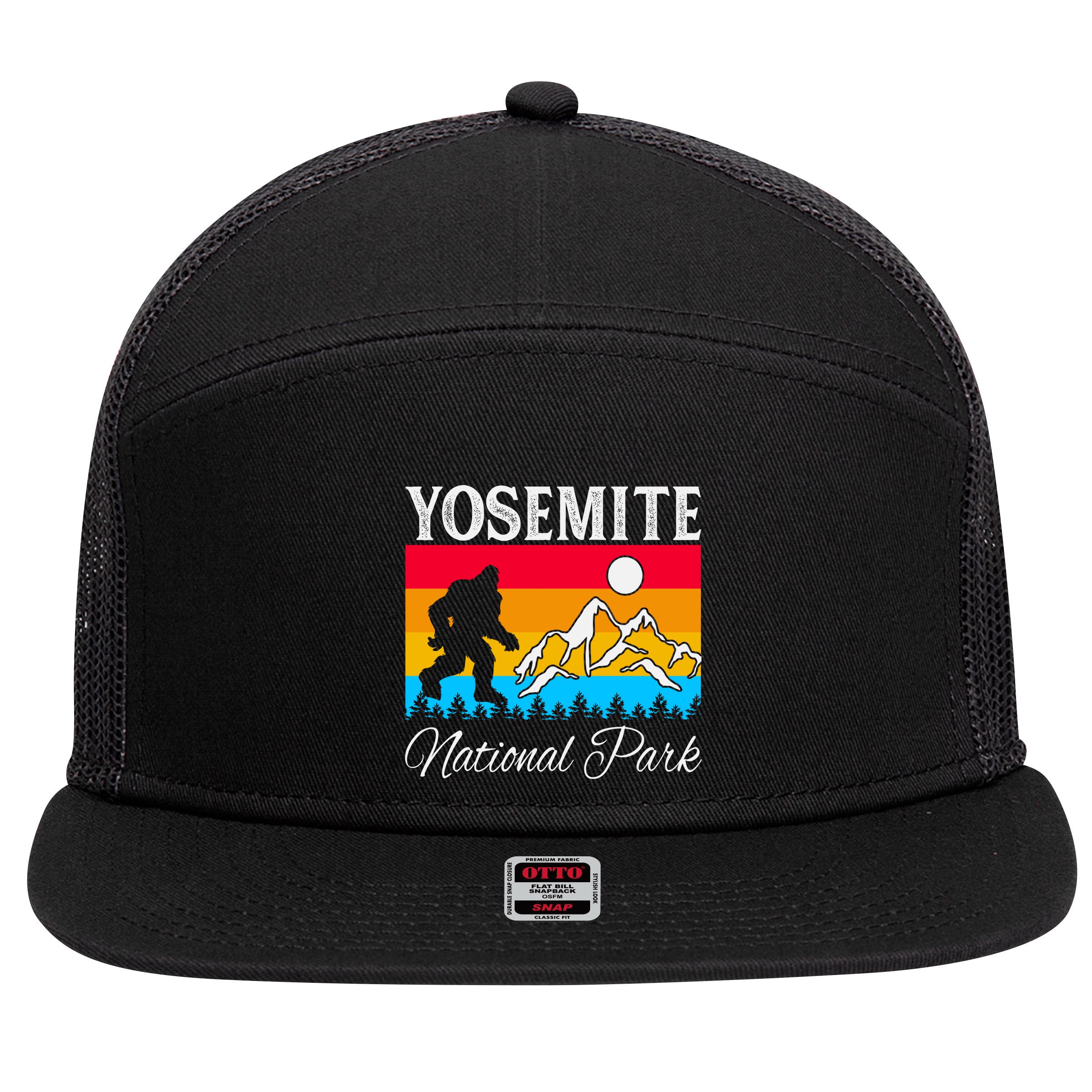 Yosemite National Park Bigfoot Design 7 Panel Mesh Trucker Snapback Hat