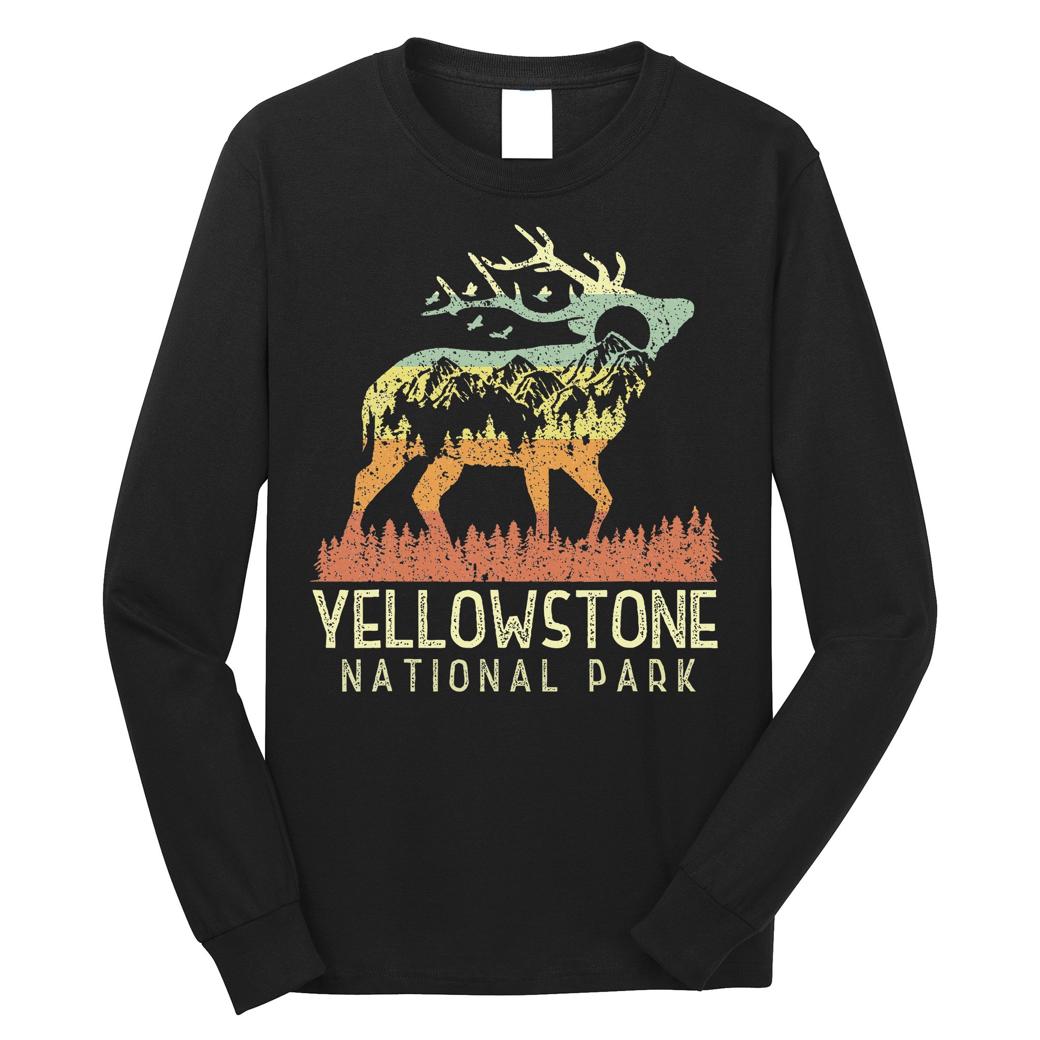 Yellowstone National Park Retro Vintage Mountain Elk Long Sleeve Shirt