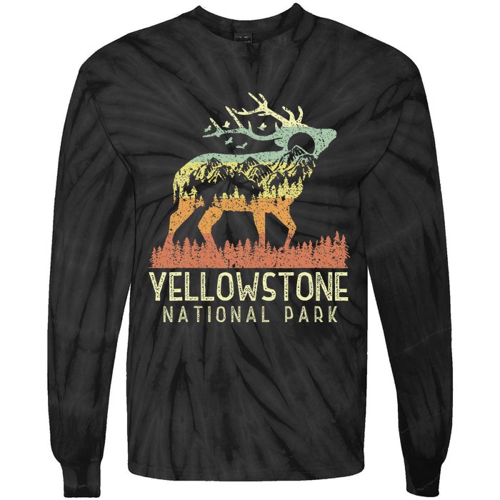 Yellowstone National Park Retro Vintage Mountain Elk Tie-Dye Long Sleeve Shirt