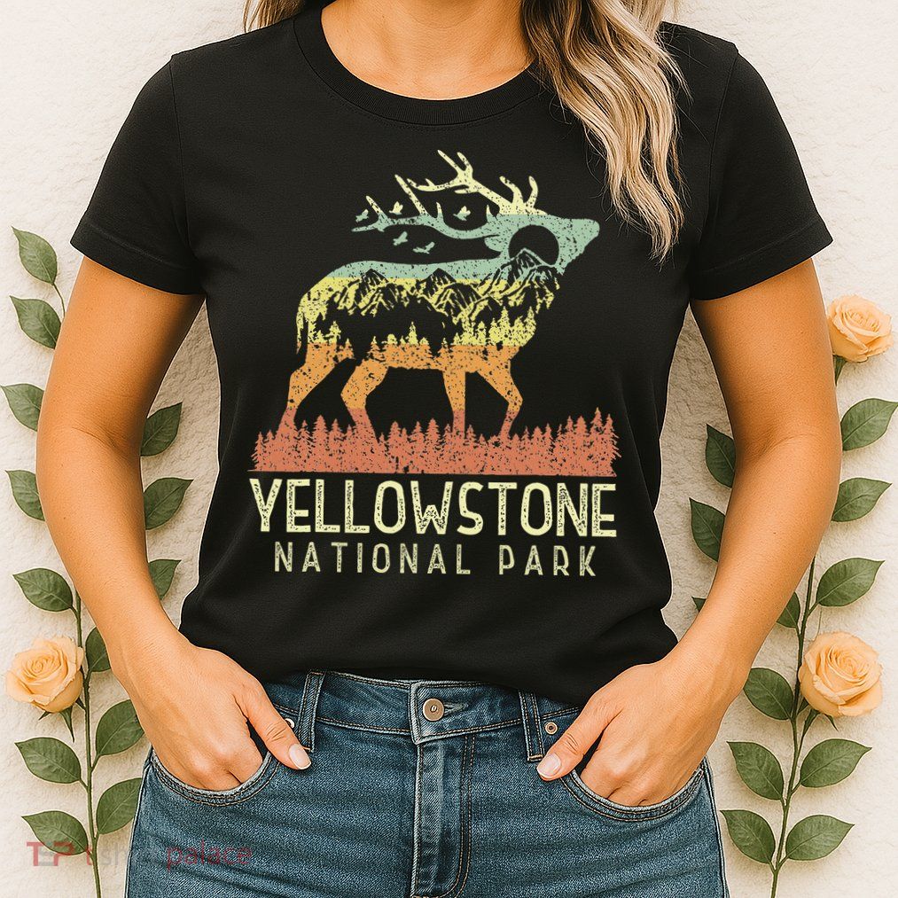 Yellowstone National Park Retro Vintage Mountain Elk Womens T-Shirt