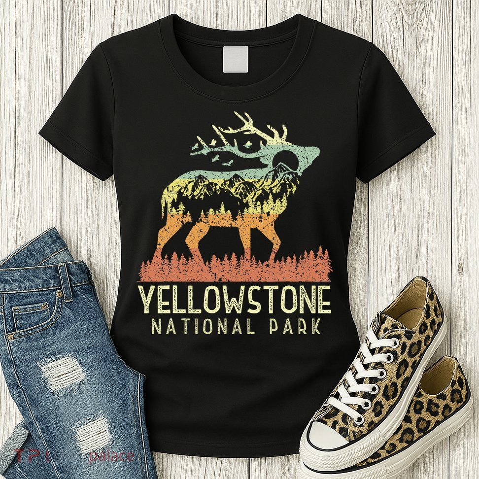 Yellowstone National Park Retro Vintage Mountain Elk Womens T-Shirt