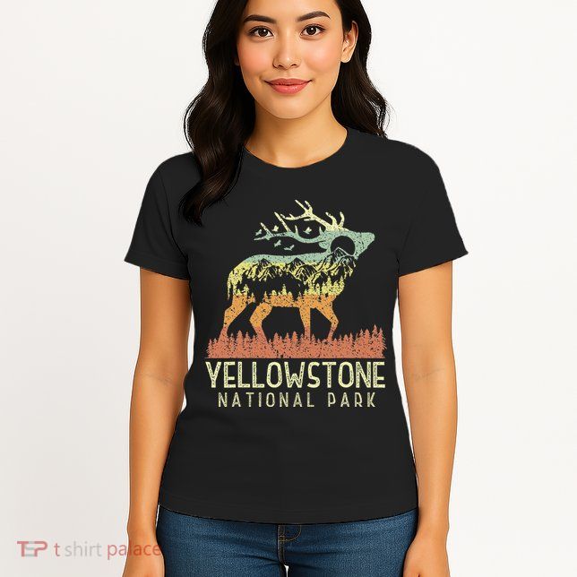 Yellowstone National Park Retro Vintage Mountain Elk Womens T-Shirt