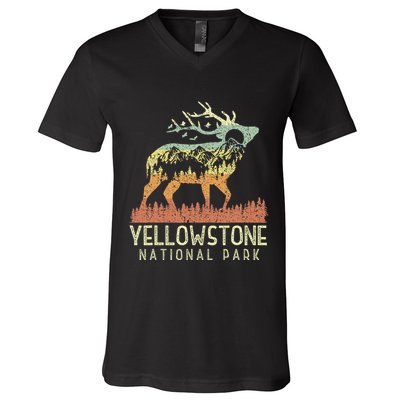 Yellowstone National Park Retro Vintage Mountain Elk Gift V-Neck T-Shirt