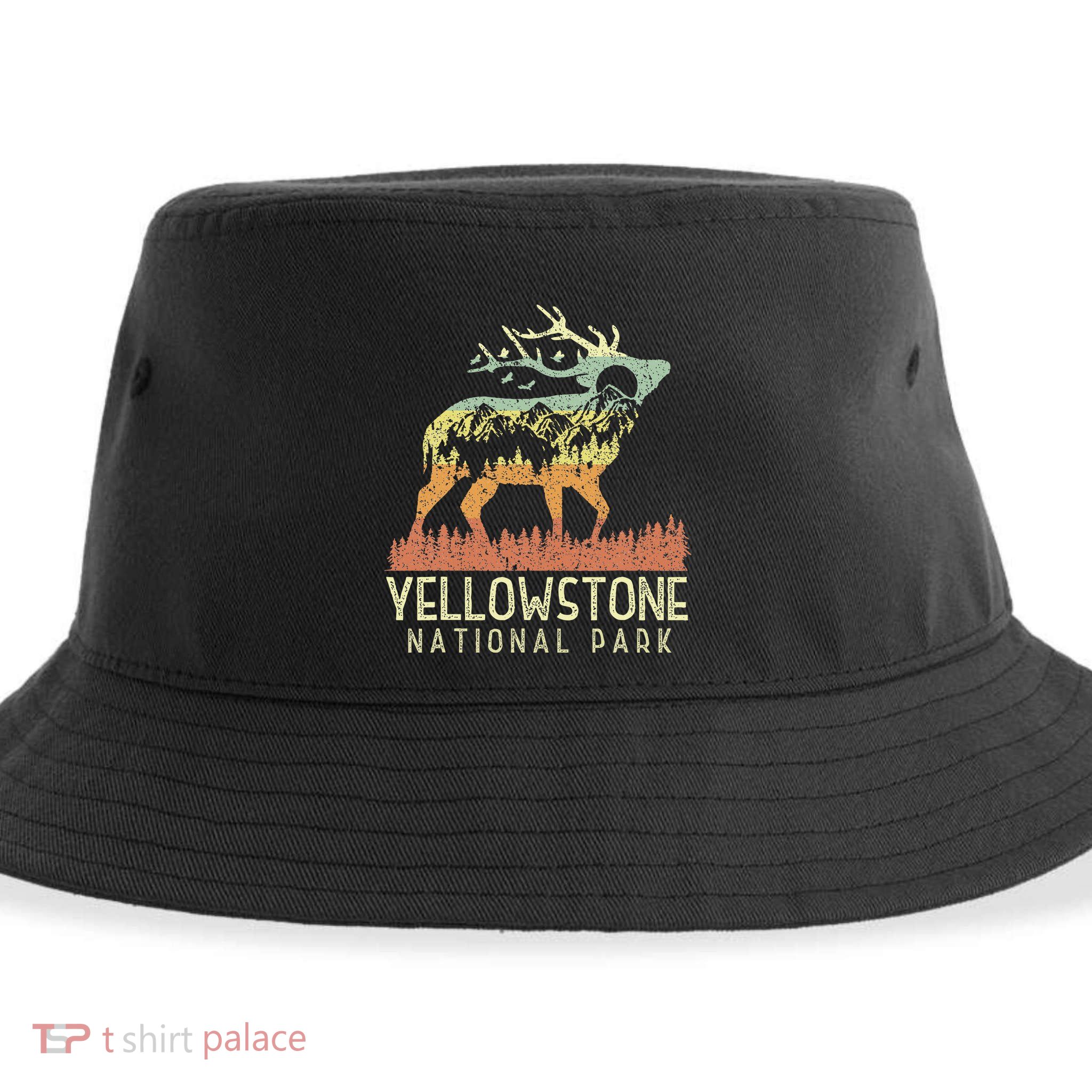 Yellowstone National Park Retro Vintage Mountain Elk Gift Sustainable Bucket Hat