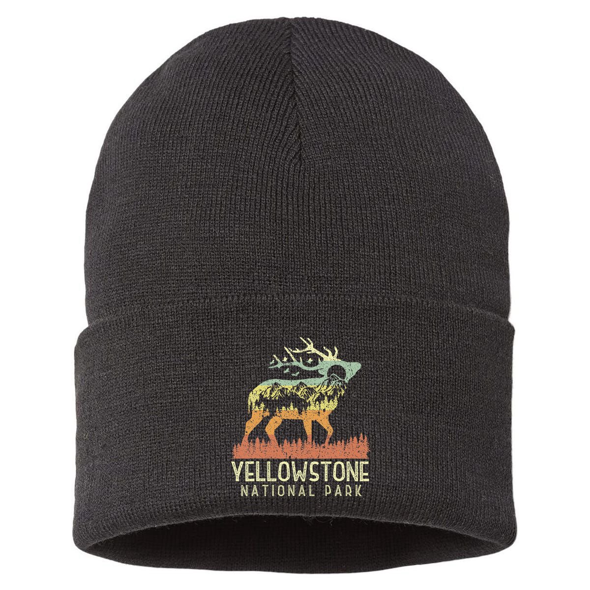 Yellowstone National Park Retro Vintage Mountain Elk Gift Sustainable Knit Beanie