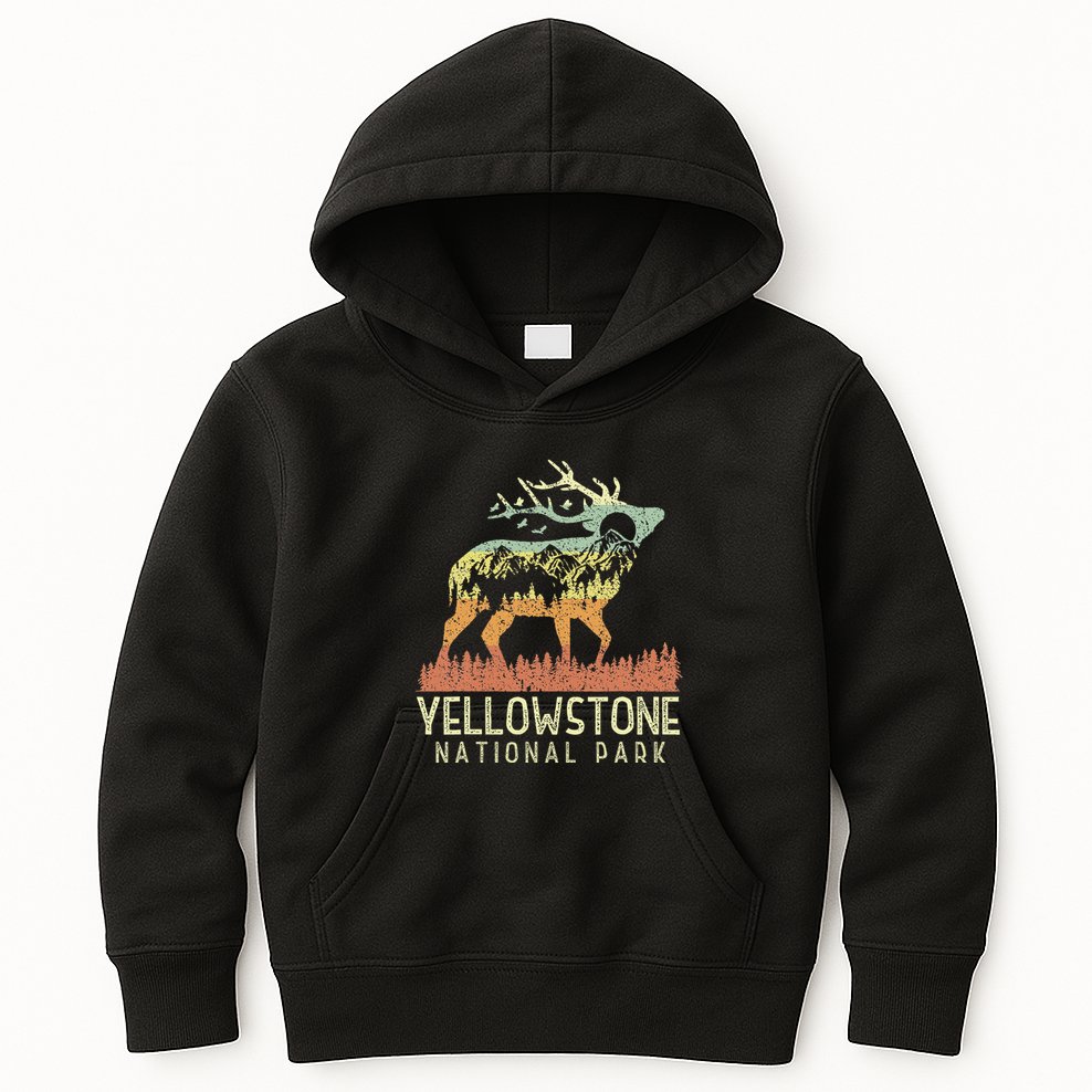 Yellowstone National Park Retro Vintage Mountain Elk Gift Kids Hoodie