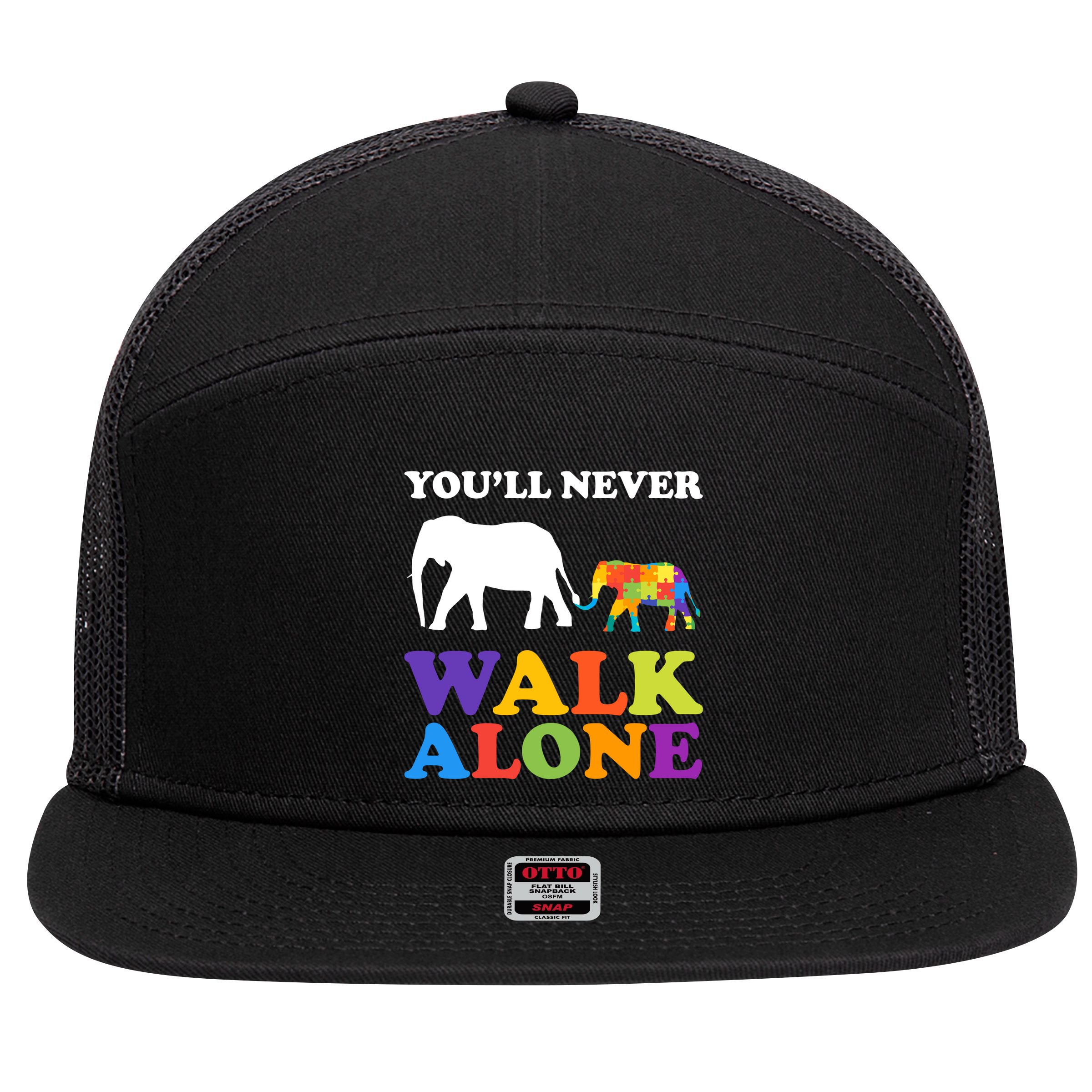 Youll Never Walk Alone Autism Awareness Elephant 7 Panel Mesh Trucker Snapback Hat