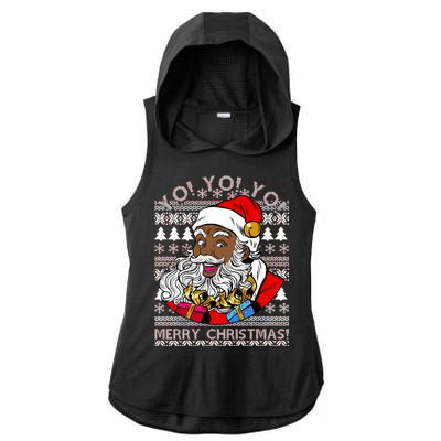 Yo Yo Yo Ho Ho Ho Black Santa Claus Ugly Christmas Ladies PosiCharge Tri-Blend Wicking Draft Hoodie Tank