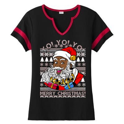 Yo Yo Yo Ho Ho Ho Black Santa Claus Ugly Christmas Ladies Halftime Notch Neck Tee