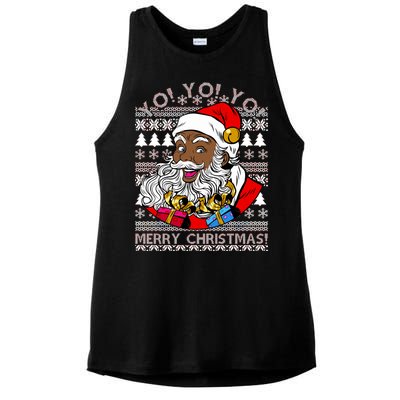 Yo Yo Yo Ho Ho Ho Black Santa Claus Ugly Christmas Ladies PosiCharge Tri-Blend Wicking Tank