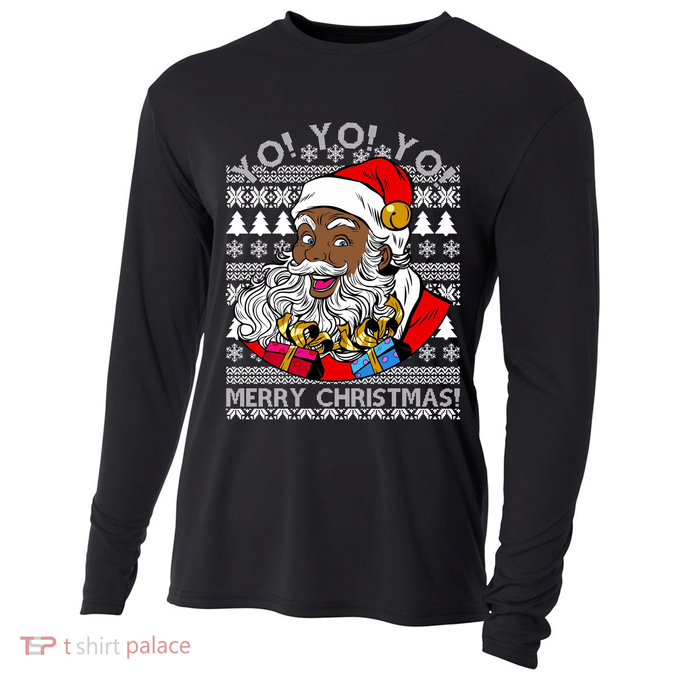 Yo Yo Yo Ho Ho Ho Black Santa Claus Ugly Christmas Cooling Performance Long Sleeve Crew