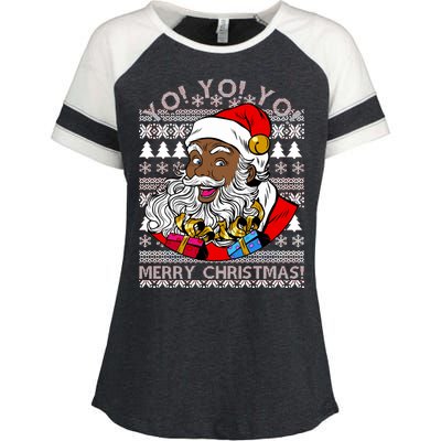 Yo Yo Yo Ho Ho Ho Black Santa Claus Ugly Christmas Enza Ladies Jersey Colorblock Tee