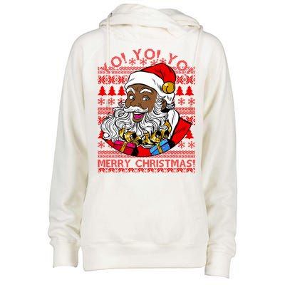 Yo Yo Yo Ho Ho Ho Black Santa Claus Ugly Christmas Womens Funnel Neck Pullover Hood