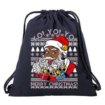 Yo Yo Yo Ho Ho Ho Black Santa Claus Ugly Christmas Drawstring Bag