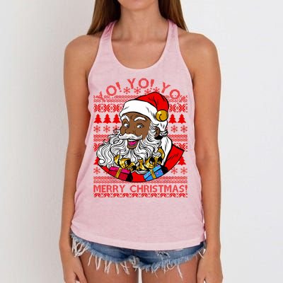 Yo Yo Yo Ho Ho Ho Black Santa Claus Ugly Christmas Women's Knotted Racerback Tank