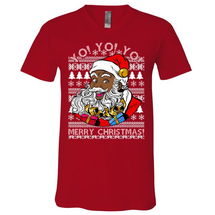 Yo Yo Yo Ho Ho Ho Black Santa Claus Ugly Christmas V-Neck T-Shirt