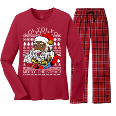 Yo Yo Yo Ho Ho Ho Black Santa Claus Ugly Christmas Women's Long Sleeve Flannel Pajama Set 