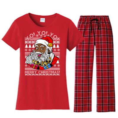 Yo Yo Yo Ho Ho Ho Black Santa Claus Ugly Christmas Women's Flannel Pajama Set