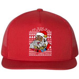 Yo Yo Yo Ho Ho Ho Black Santa Claus Ugly Christmas Flat Bill Trucker Hat